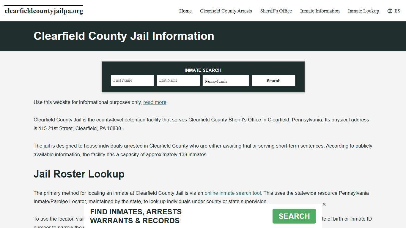 Clearfield County, PA Jail Roster, Inmate Info
